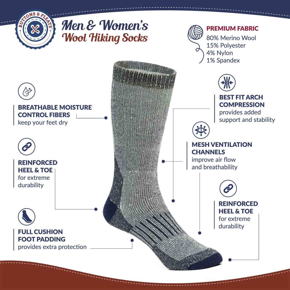Buttons & Pleats Premium Merino Wool Hiking Socks Outdoor Trail Crew S ...