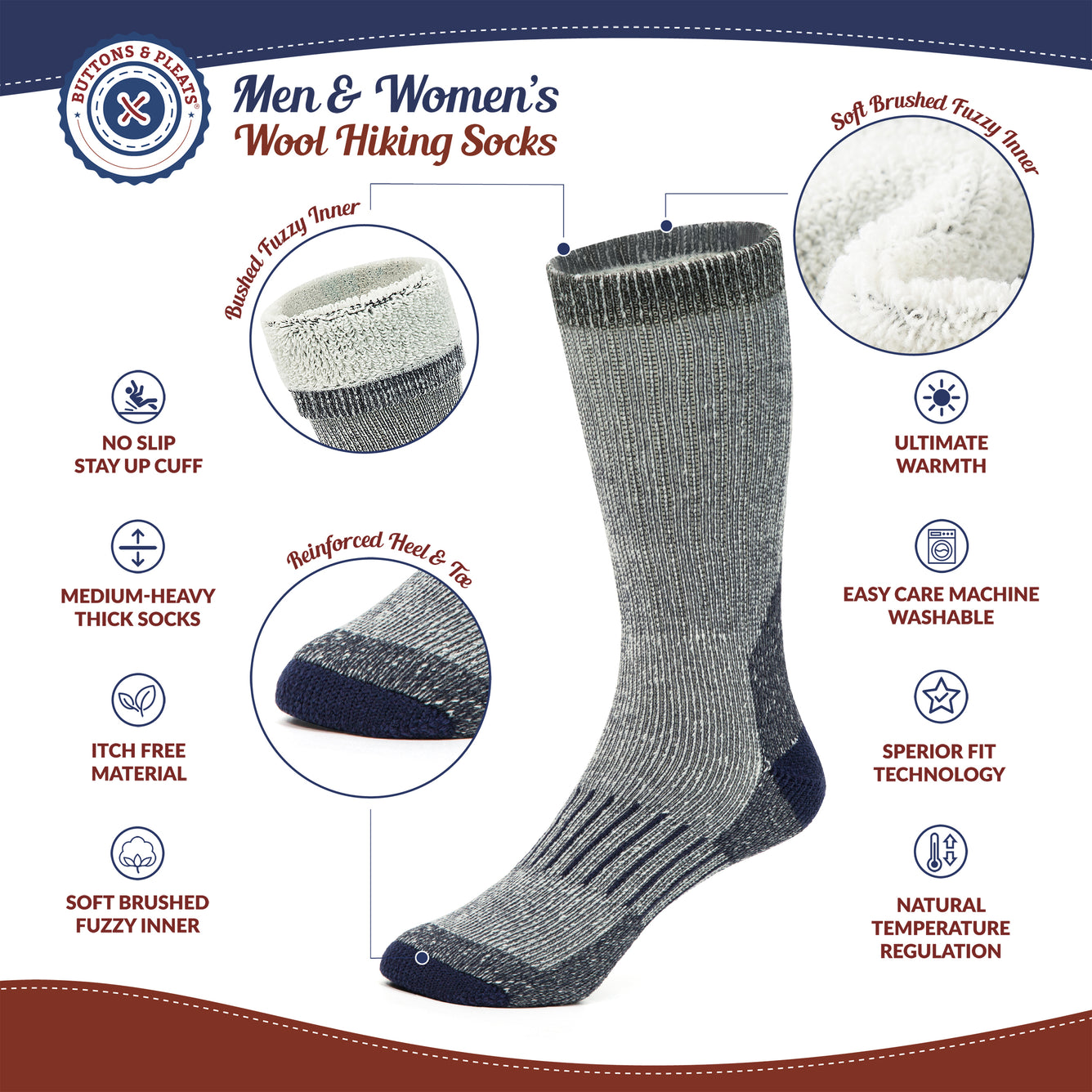 Buttons & Pleats Premium Merino Wool Hiking Socks Outdoor Trail Crew Socks