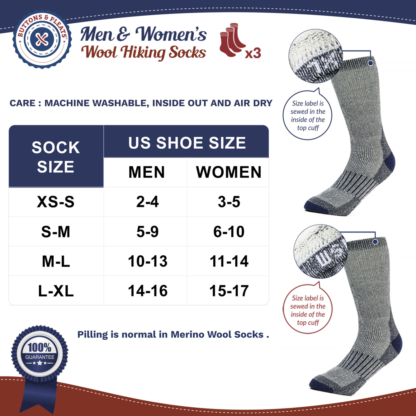 Buttons & Pleats Premium Merino Wool Hiking Socks Outdoor Trail Crew Socks